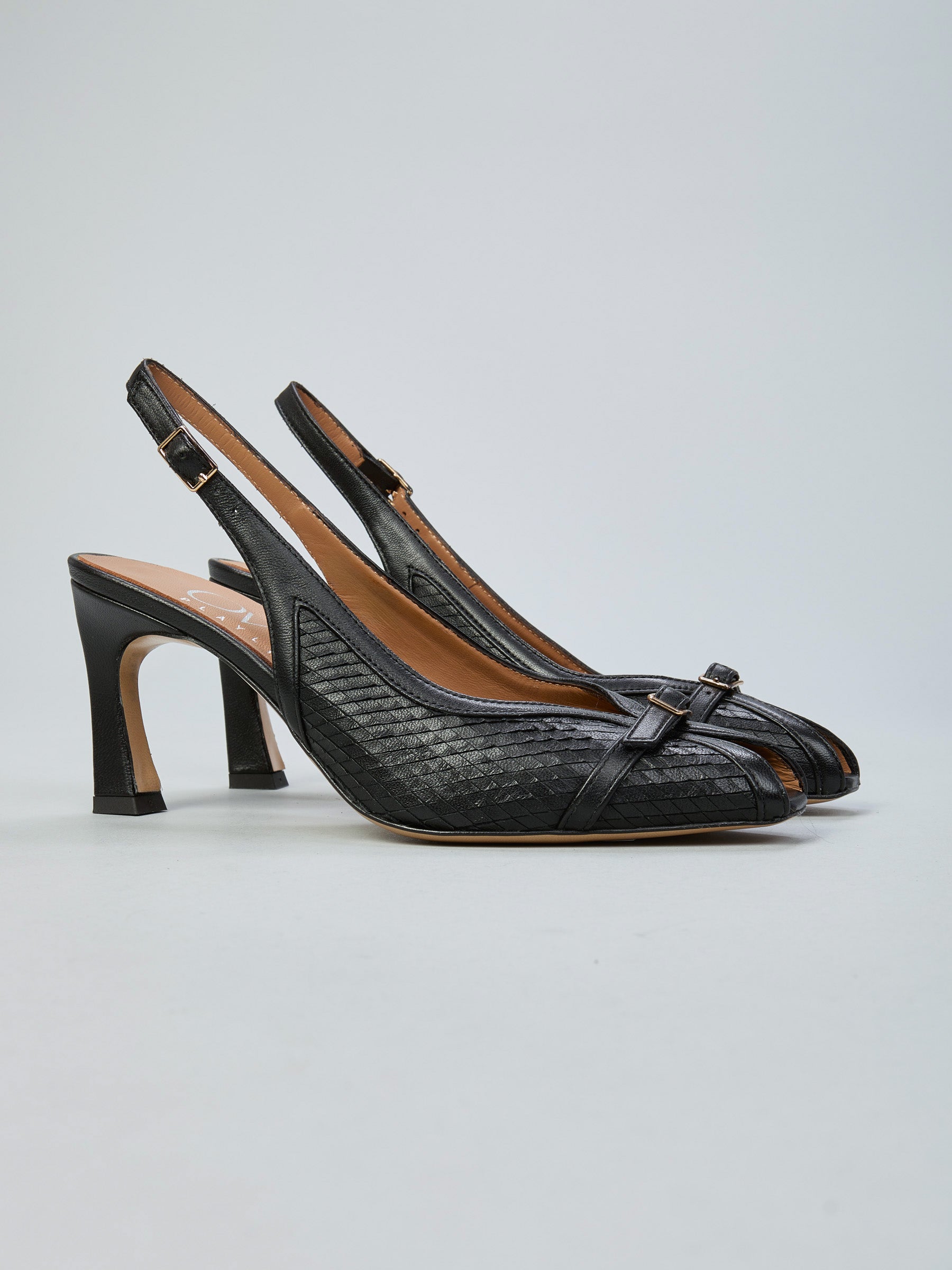 Peep-toe leather slingbacks