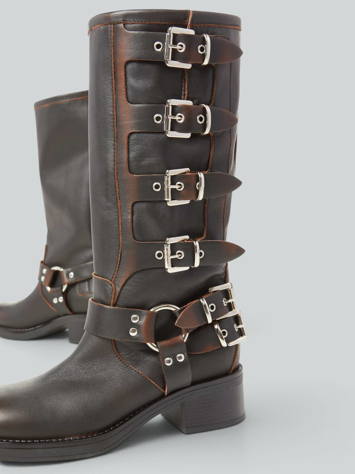 Leather biker jacket with buckles