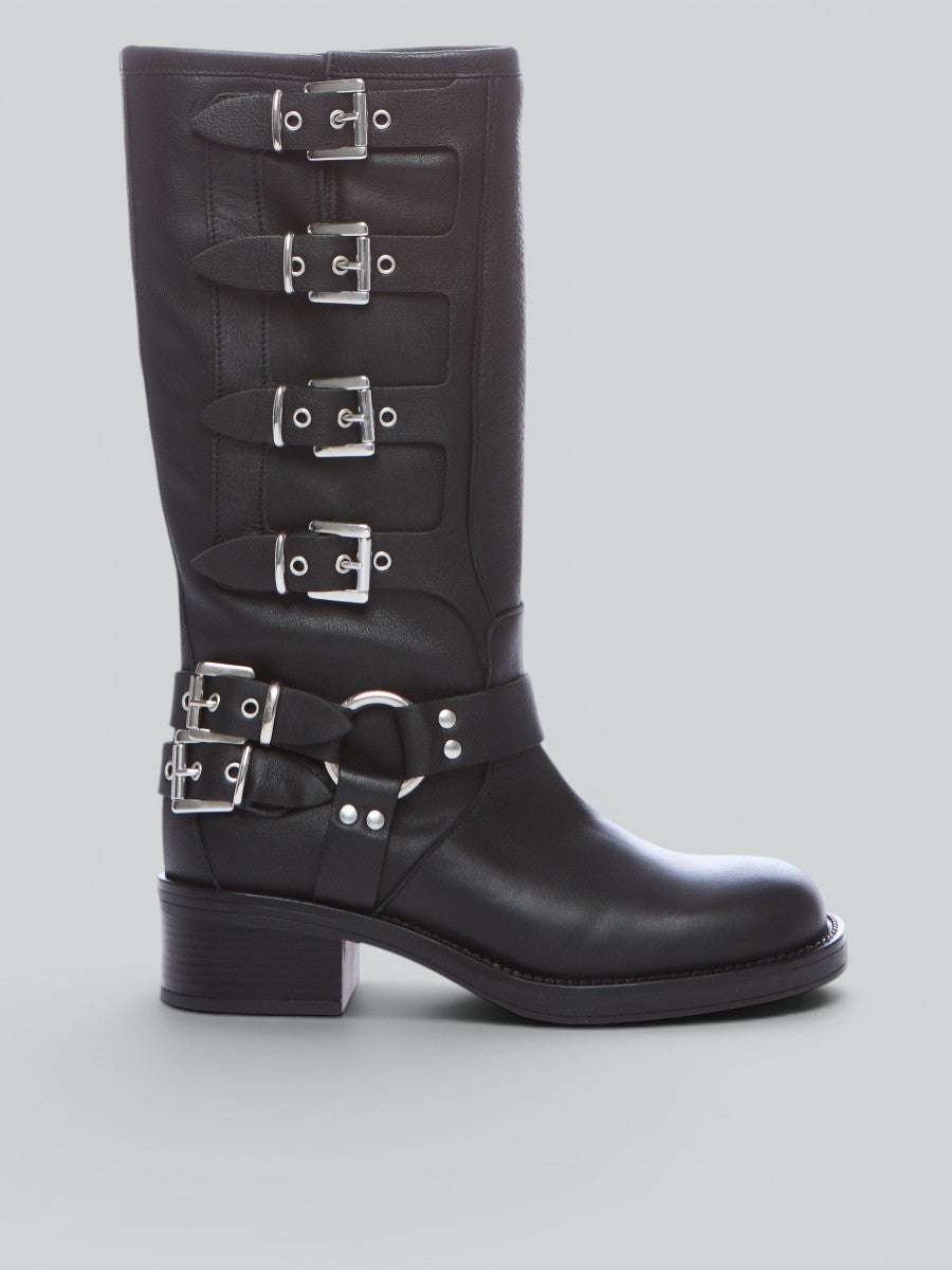 Leather biker jacket with buckles