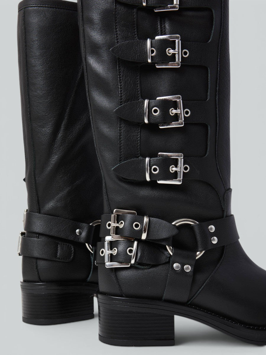 Leather biker jacket with buckles