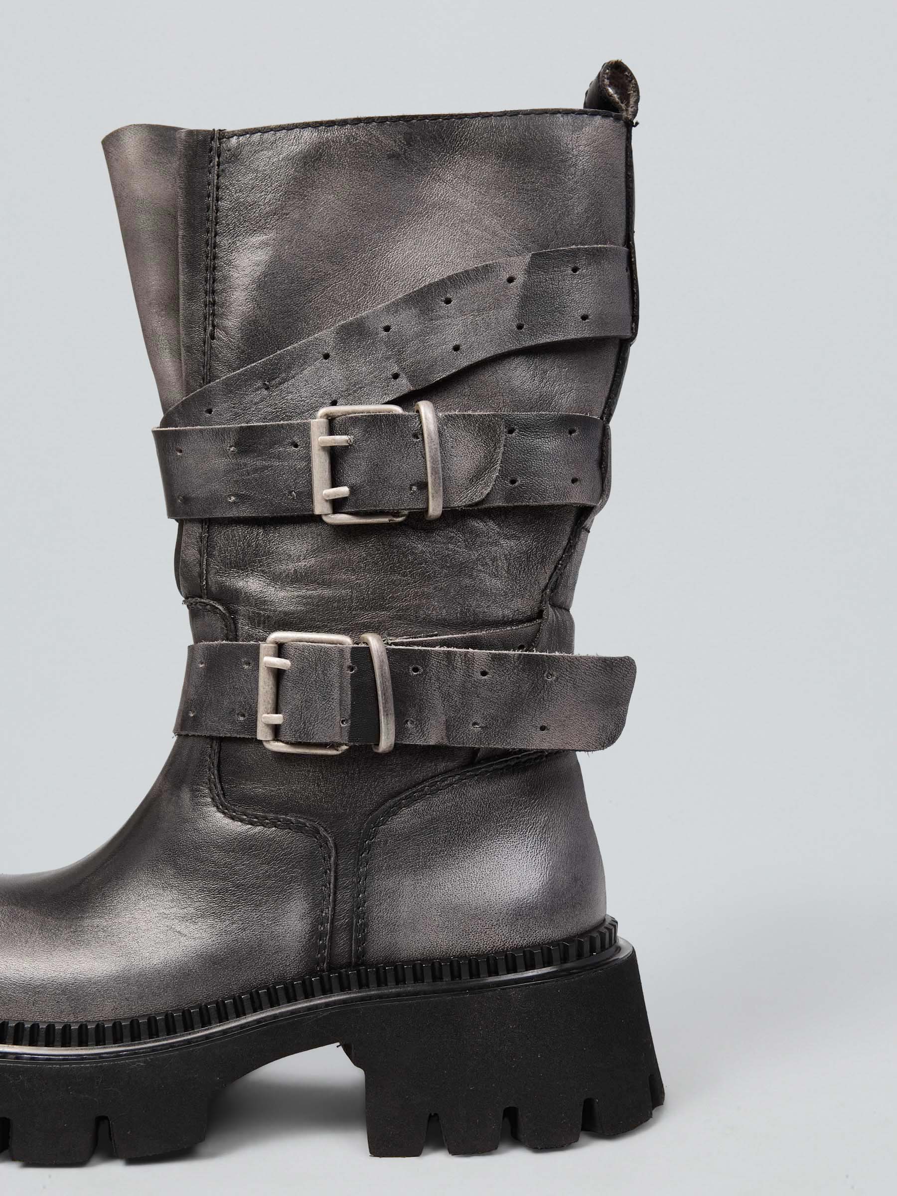 Leather biker jacket with buckles