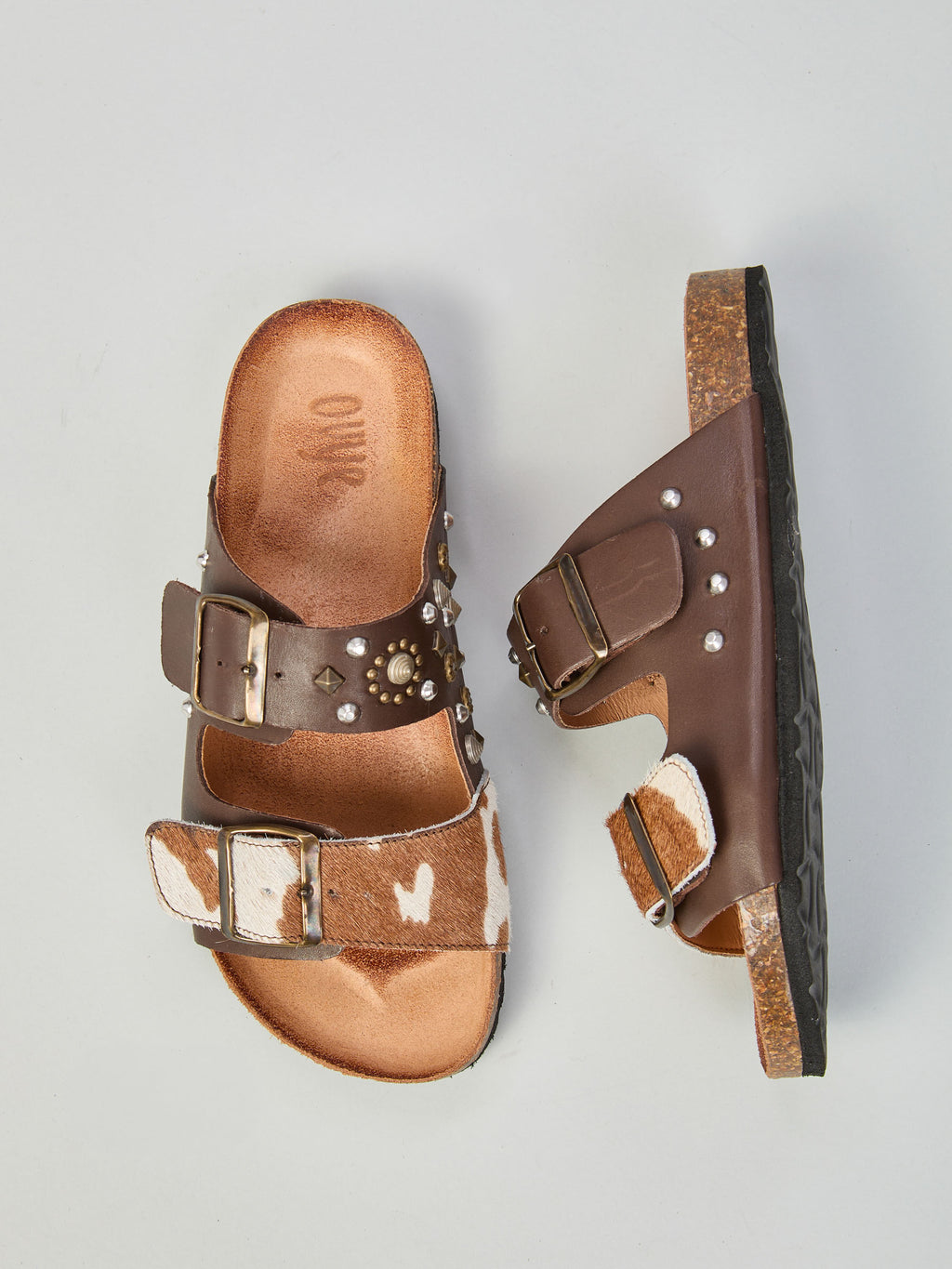 Leather and pony hair sandals