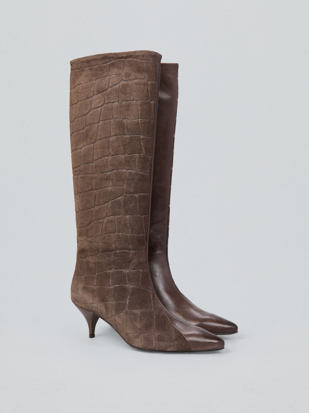 Leather and suede boots with crocodile print